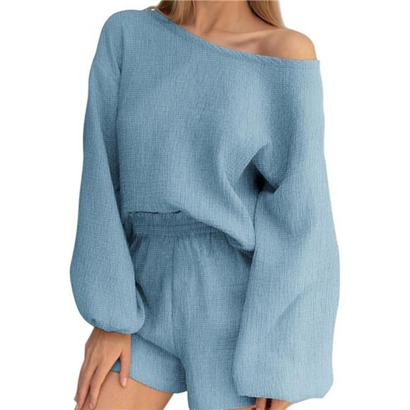 2 Piece Outfits Women's Off Shoulder Pajama Set Dark Blue - Picture 1 of 6